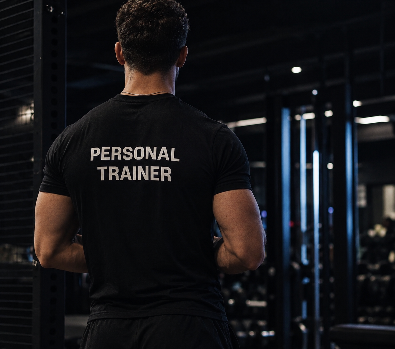 Davide di spalle con la maglia Personal Trainer, nello studio